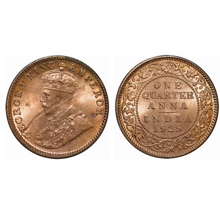 George V, Bronze, Quarter Anna, 1929, Calcutta Mint, No dot, Error, Struck through error o