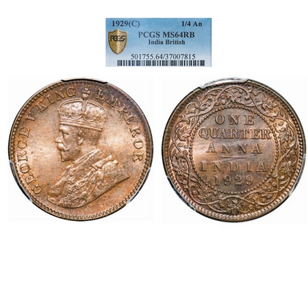 George V, Bronze, Quarter Anna, 1929, Calcutta Mint, No dot. GK 1189. PCGS Slabbed MS 64 R