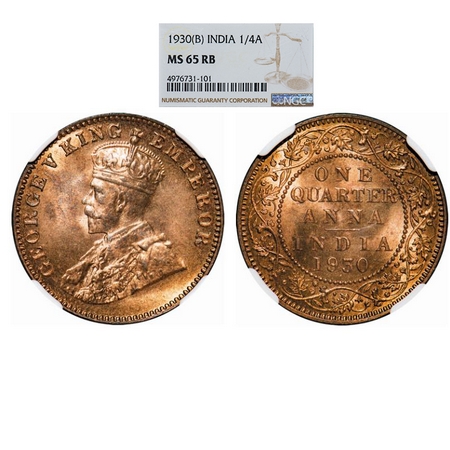 George V, Bronze, Quarter Anna, 1930, Bombay Mint, Dot. GK 1190. NGC Slabbed MS 65 RB. Rar