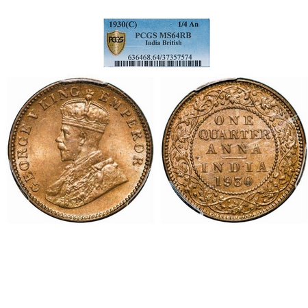 George V, Bronze, Quarter Anna, 1930, Calcutta Mint, No dot. GK 1191. PCGS Slabbed MS 64 R
