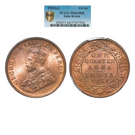 George V, Bronze, Quarter Anna, 1931, Calcutta Mint, No dot. GK 1192. PCGS Slabbed MS 64 R