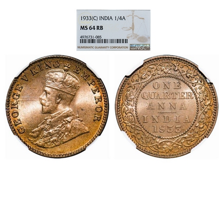 George V, Bronze, Quarter Anna, 1933, Calcutta Mint, No dot. GK 1193. NGC Slabbed MS 64 RB