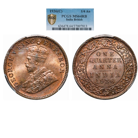 George V, Bronze, Quarter Anna, 1936, Bombay Mint, Dot. GK 1196. PCGS Slabbed MS 64 RB. Sc