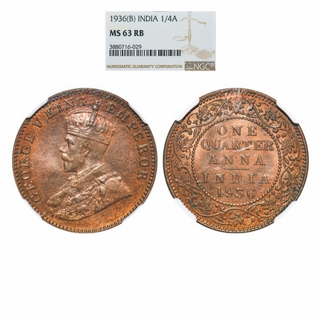 George V, Bronze, Quarter Anna, 1936, Bombay Mint, Dot. GK 1196. NGC Slabbed MS 63 RB. Sca