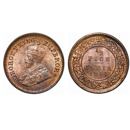 George V, Bronze, ½ Pice, 1914, Calcutta mint, No mint mark, Die cracks on Obv and Rev. GK
