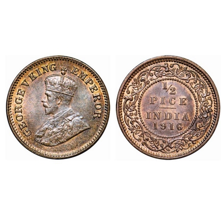George V, Bronze, ½ Pice, 1916, Calcutta Mint, No mint mark. GK 1202. Uncirculated, Toned.