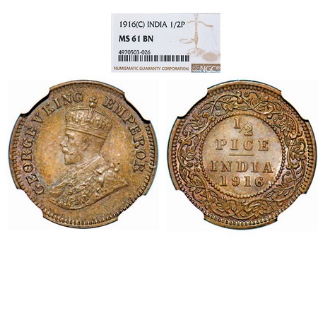 George V, Bronze, ½ Pice, 1916, Calcutta Mint, No mint mark. GK 1202. NGC Slabbed MS 61 BN