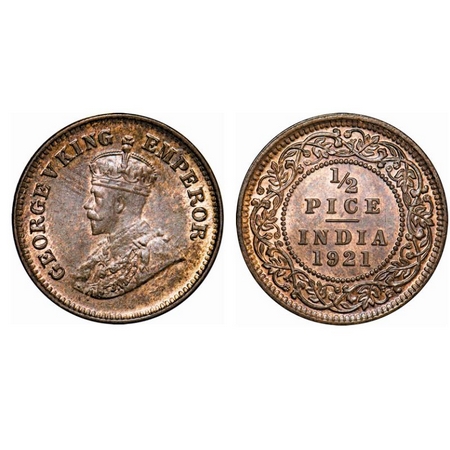 George V, Bronze, ½ Pice, 1921, Calcutta Mint, No mint mark. GK 1207. Uncirculated, Toned.