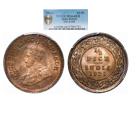 George V, Bronze, ½ Pice, 1921, Calcutta Mint, No mint mark. GK 1207. PCGS Slabbed MS 64 R