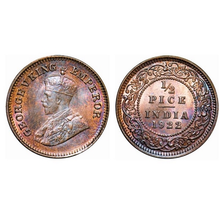 George V, Bronze, ½ Pice, 1922, Calcutta Mint, No mint mark. GK 1208. Brilliant Uncirculat