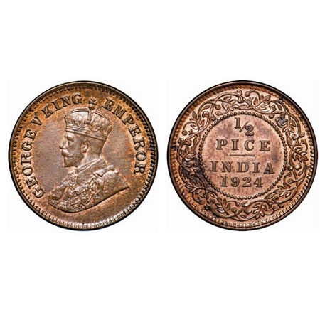 George V, Bronze, ½ Pice, 1924, Calcutta Mint, No mint mark. GK 1210. Uncirculated. Scarce