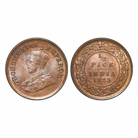 George V, Bronze, ½ Pice, 1925, Calcutta Mint, No mint mark. GK 1211. Brilliant Uncirculat