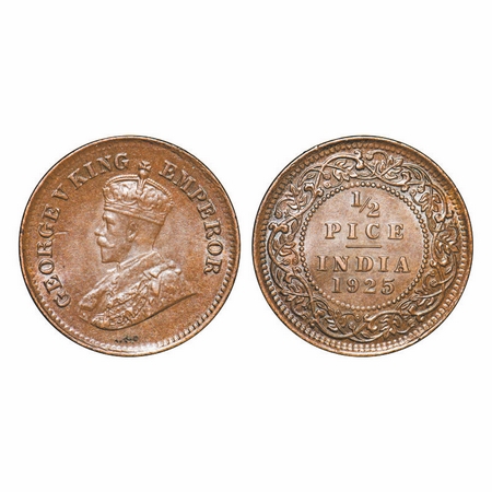 George V, Bronze, ½ Pice, 1925, Calcutta Mint, No mint mark. GK 1211. About Uncirculated. 