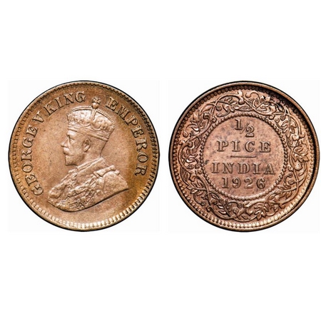 George V, Bronze, ½ Pice, 1926, Calcutta Mint, No mint mark. GK 1212. Uncirculated. Scarce