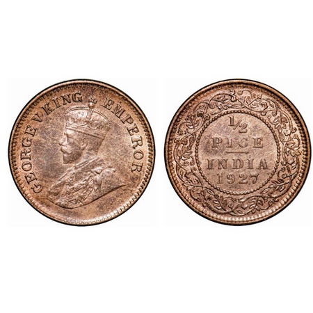 George V, Bronze, ½ Pice, 1927, Calcutta mint, No mint mark, Ghost on Rev. GK 1213. Uncirc