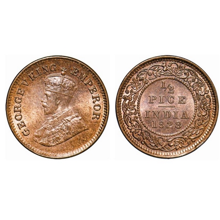 George V, Bronze, ½ Pice, 1928, Calcutta Mint, No mint mark. GK 1214. Brilliant Uncirculat