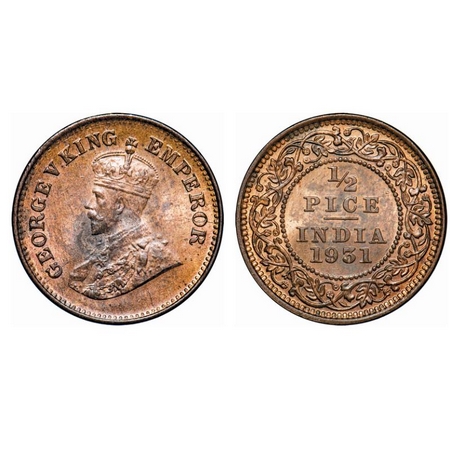 George V, Bronze, ½ Pice, 1931, Calcutta Mint, No mint mark, Die cracks on Obv. GK 1217. B