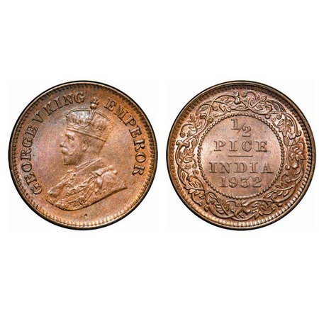 George V, Bronze, ½ Pice, 1932, Calcutta Mint, No mint mark. GK 1218. Uncirculated. Scarce