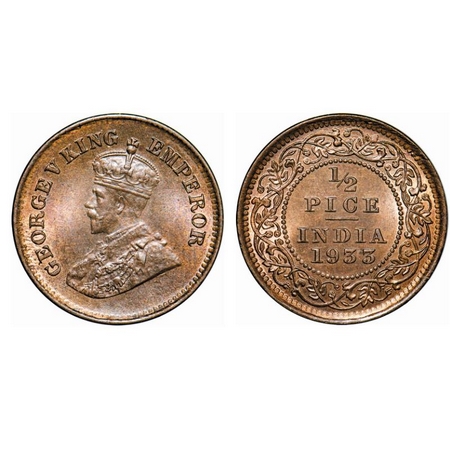George V, Bronze, ½ Pice, 1933, Calcutta Mint, No mint mark. GK 1219. Brilliant Uncirculat