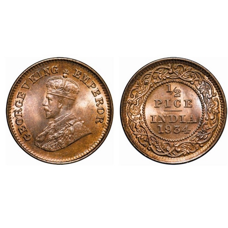George V, Bronze, ½ Pice, 1934, Calcutta Mint, No mint mark, Die crack on Rev. GK 1220. Br