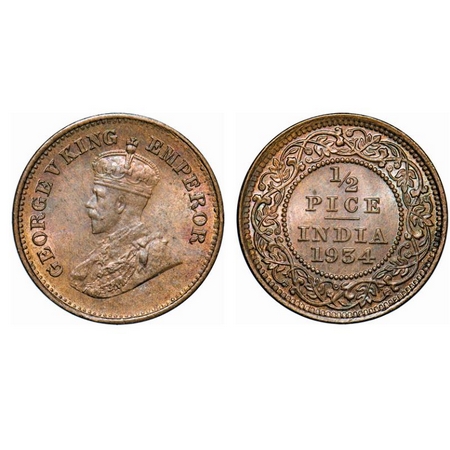 George V, Bronze, ½ Pice, 1934, Calcutta Mint, No mint mark. GK 1220. Brilliant Uncirculat