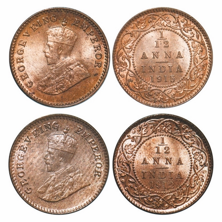 George V, Bronze, 1/12 Anna, (2 coins), 1912, 1915, Calcutta Mint, No dot. GK 1223, 1226. 