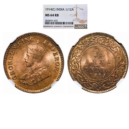 George V, Bronze, 1/12 Anna, 1914, Calcutta mint, No dot. GK 1225. NGC Slabbed MS 64 RB. R