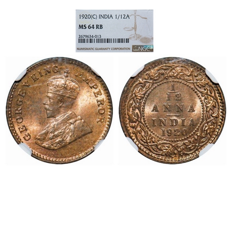 George V, Bronze, 1/12 Anna, 1920, Calcutta Mint, No dot. GK 1231. NGC Slabbed MS 64 RB. S