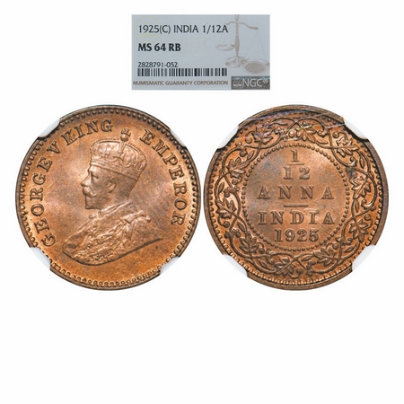 George V, Bronze, 1/12 Anna, 1925, Calcutta Mint, No dot. GK 1238. NGC Slabbed MS 64 RB. V