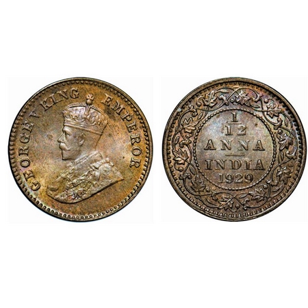 George V, Bronze, 1/12 Anna, 1929, Calcutta Mint, No dot. GK 1245. Brilliant Uncirculated,