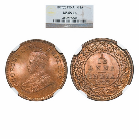 George V, Bronze, 1/12 Anna, 1932, Calcutta Mint, No dot. GK 1248. NGC Slabbed MS 65 RB. V