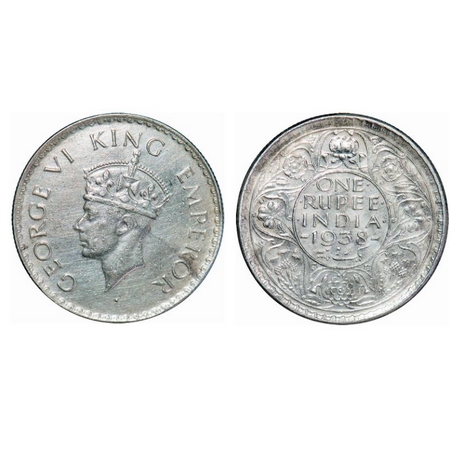 George VI, Silver, Rupee, 1938, Bombay Mint, A/I, No dot, Milled edge. GK 1254. Extremely 