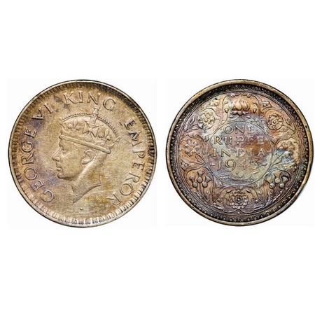 George VI, Half Silver, Rupee, 1943, Bombay Mint, A(b)/II, Diamond, Security edge, Small 3