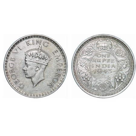 George VI, Half Silver, Rupee, 1943, Bombay Mint, A(b)/II, Diamond, Security edge, Small 3