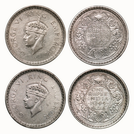 George VI, Half Silver, Rupee, 1944, (2 coins), Bombay Mint, C/III, Diamond, Security edge