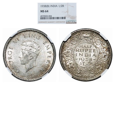 George VI, Silver, Half Rupee, 1938, Bombay Mint, A/I, Head Type I, Dot, Milled edge. GK 1