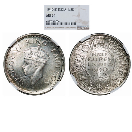 George VI, Half Silver, Half Rupee, 1940, Bombay Mint, A(a)/I, Dot, Head Type II, Milled e