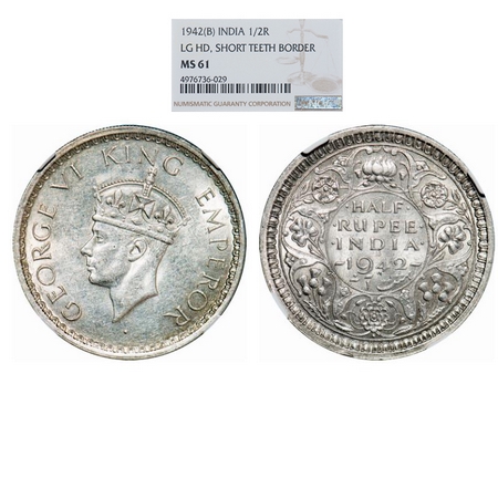 George VI, Half Silver, Half Rupee, 1942, Mule, Bombay Mint, A(a)/II, Dot, Head Type II, S