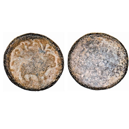 Satavahanas, Satkarni, (1 Cen BC), Nevasa type, Lead, 12.19g, 23.26x23.60mm, Obv: Bull to 