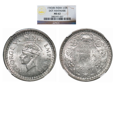George VI, Half Silver, Half Rupee, 1943, Bombay Mint, B/II, Head Type II, Dot, Security e