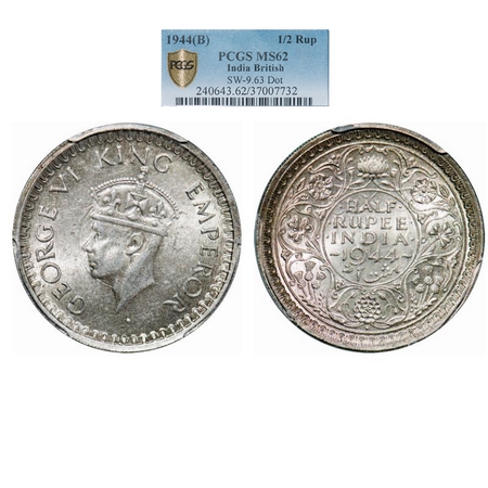George VI, Half Silver, Half Rupee, 1944, Bombay Mint, B/III, Head Type II, Dot, Security 