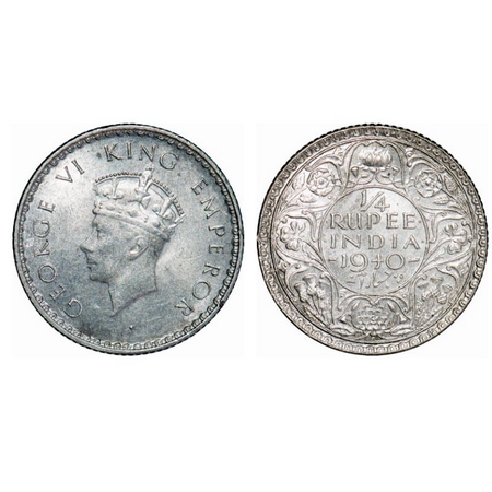 George VI, Half Silver, ¼ Rupee, 1940, Bombay Mint, Head Type I, Rev I, Dot, Milled edge, 