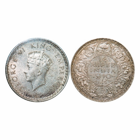 George VI, Half Silver, ¼ Rupee, 1940, Bombay Mint, Head Type I, Rev I, Dot, Milled edge. 