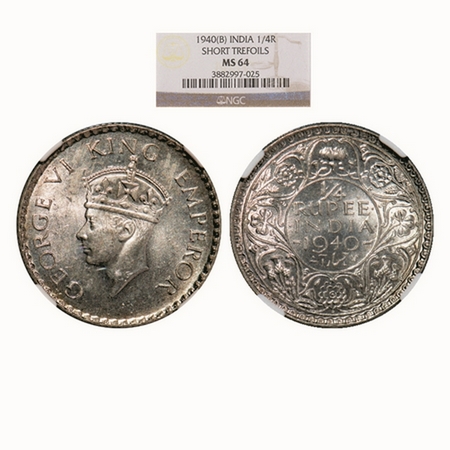 George VI, Half Silver, ¼ Rupee, 1940, Bombay Mint, Head Type II, Rev I, Dot, Milled edge.