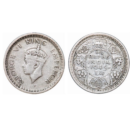 George VI, Half Silver, ¼ Rupee, 1945, Bombay Mint, Head Type II, Rev II, Dot, Security ed