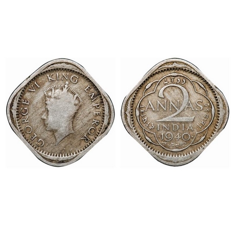 George VI, Copper-Nickel, 2 Annas, 1940, Bombay Mint, Head Type I, Dots by year. GK 1352. 