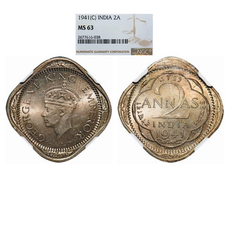 George VI, Copper-Nickel, 2 Annas, 1941, Calcutta mint, Head Type II, No dots by year. GK 