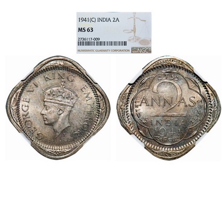 George VI, Copper-Nickel, 2 Annas, 1941, Calcutta Mint, Head Type II, No dots by year. GK 