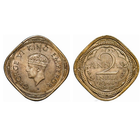 George VI, Brass-Nickel, 2 Annas, 1944, Bombay Mint, Head Type II, Dots by year, w/o tiny