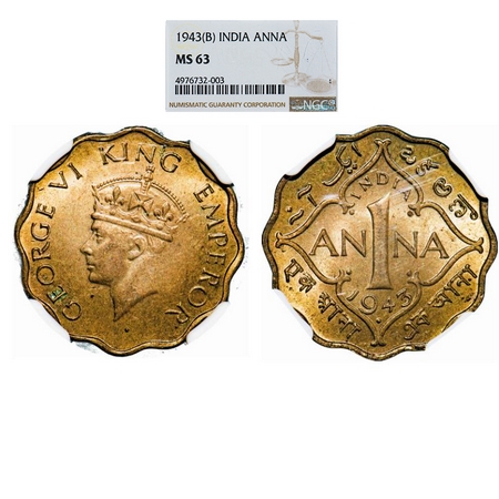 George VI, Brass-Nickel, 1 Anna, 1943, Bombay Mint, Head Type II, Dot, Normal numeral 3. G